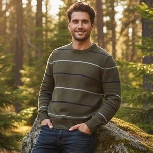 Lands' End Drifter Cotton Crewneck Sweater Mens Size XL 100% Cotton Green Stripe